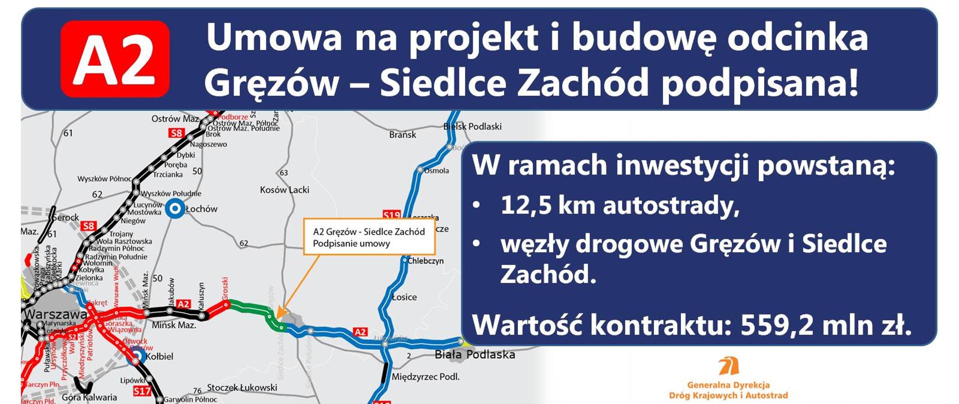 Druga umowa na projekt i budowę A2 z Mińska Mazowieckiego do Siedlec podpisana - infografika