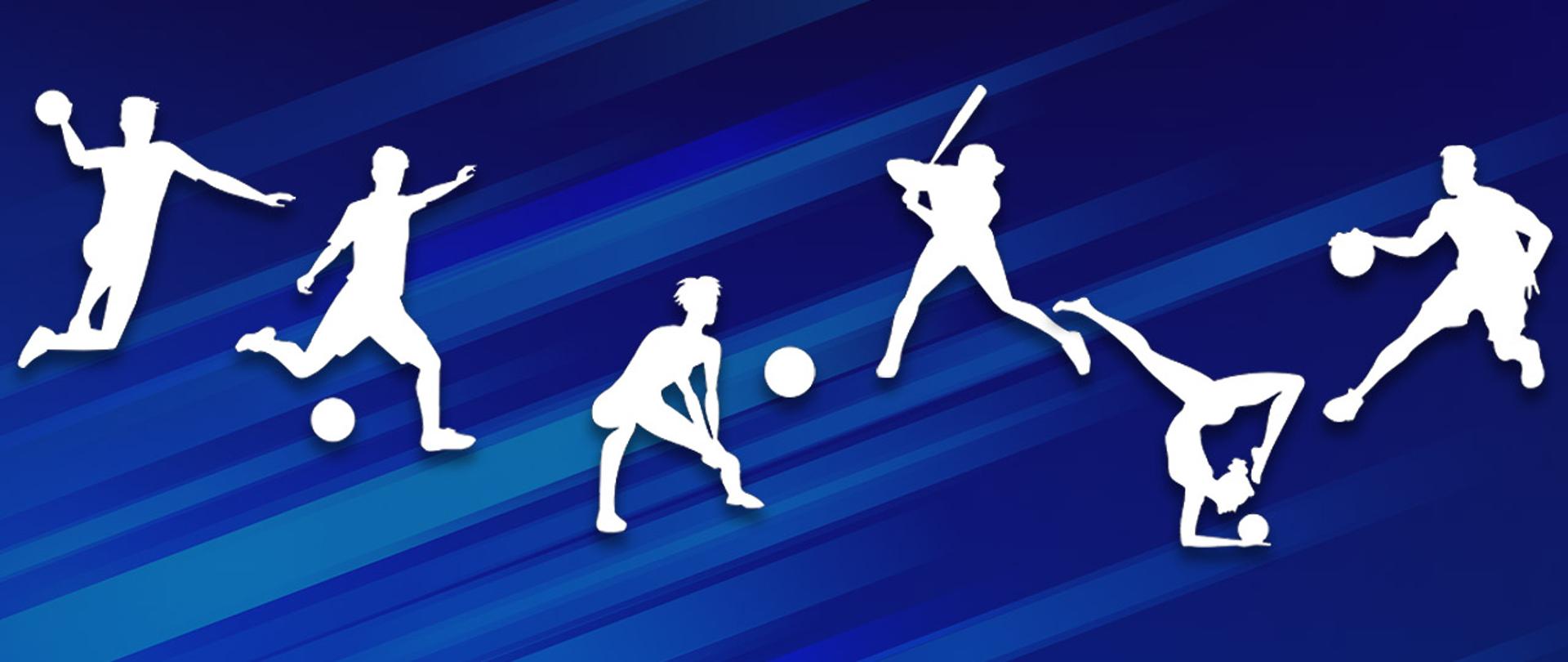 Grafika - Białe postacie prezentujące sportowców w różnych dyscyplinach na niebieskim tle. 