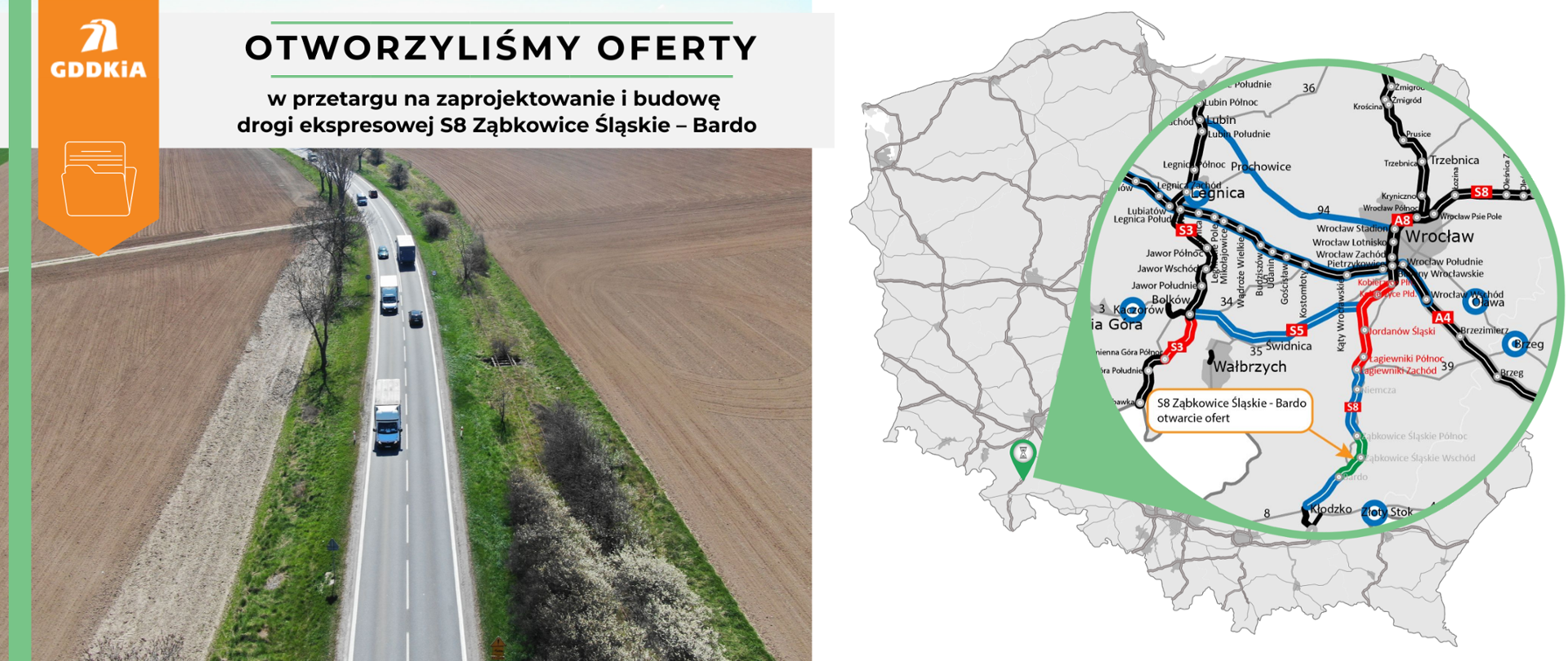 Infografika informująca o otwarciu ofert na realizację drogi ekspresowej S8 na odcinku Ząbkowice Śląskie - Bardo. Po prawej mapa Polski z zaznaczonym odcinkiem S8 Ząbkowice Śląskie - Bardo. Po lewej zdjęcie obecnej drogi krajowej nr 8 na tym odcinku. Jednojezdniowa droga po jednym pasie ruchu w obu kierunkach. Widać poruszające się po drodze pojazdy. Po obu stronach pola uprawne.