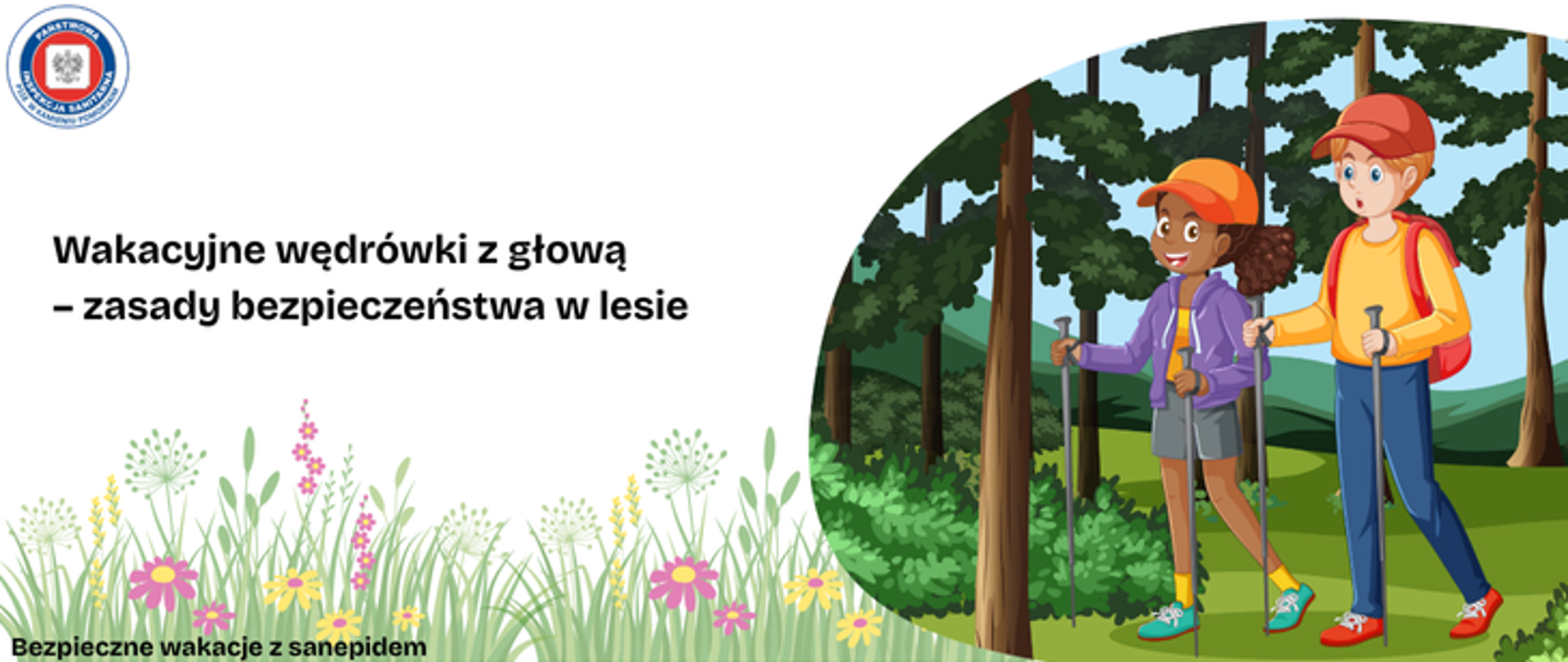 Na tle kwiecistej łąki po prawej dwoje dzieci chłopiec i dziewczynka na spacerze e lesie. Dziewczynka w ciemnych włosach i pomarańczowej czapce z daszkiem ubrana w fioletową bluzę i szare spodenki. Chłopieć w jasnych włosach w czerwonej czapce z daszkiem, ubrany w żółty sweter i niebieskie spodnie. Dzieci idą wspierając się na kijkach. Na środku ciemny napis Wakacyjne wędrówki z głową - zasady bezpieczeństwa w lesie . W lewym górnym rogu logo państwowej inspekcji sanitarnej. Na dole napis Bezpieczne wakacje z sanepidem