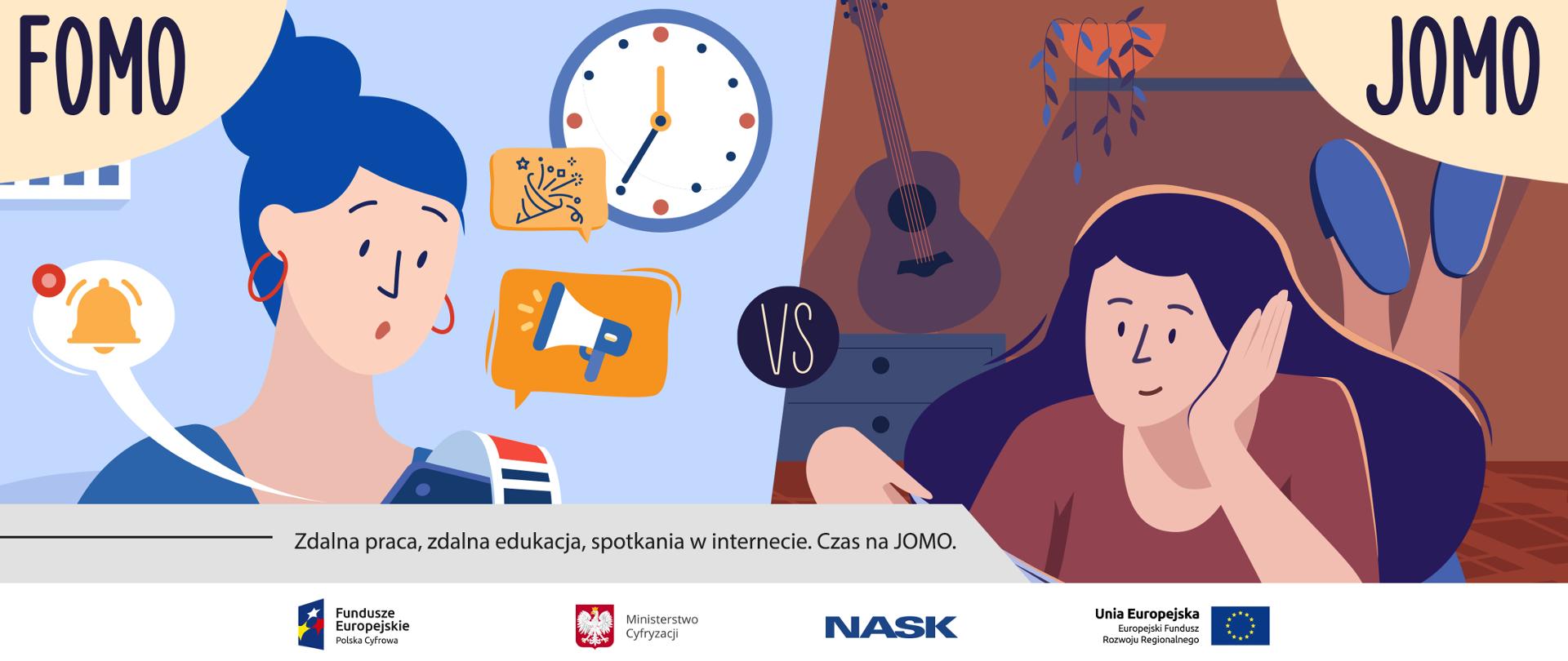 Grafika. Dwie kobiety - jedna po lewej, druga po prawej stronie. Ta po lewej jest zaangażowana w przeglądanie smartfona (napis: FOMO), natomiast ta po prawej leży i spokojnie czyta książkę (napis: JOMO). Pod grafiką napis: Zdalna praca, zdalna edukacja, spotkania w internecie. Czas na JOMO. 
