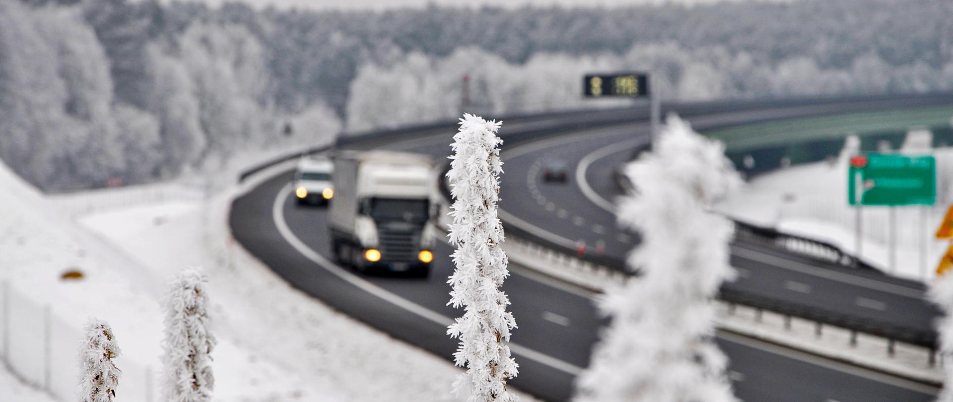 Zdjęcie przedstawia zakręt na drodze ekspresowej S3. Nawierzchnia drogi jest odśnieżona i czarna. Po drodze poruszają się różne pojazdy. Cały teren poza drogą pokryty jest warstwą śniegu. Na pierwszym planie roślina pokryta gęsto szronem.