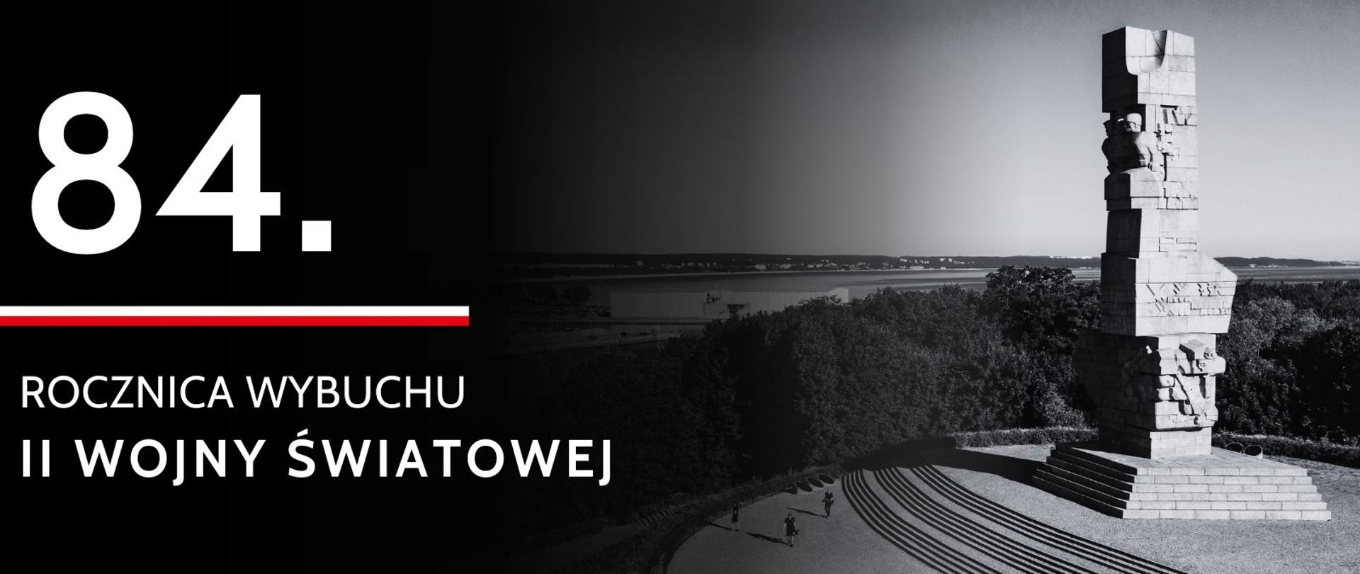 Grafika w kolorze czarno-białym przedstawiająca Westerplatte napisem 84. rocznica wybuchu II wojny światowej