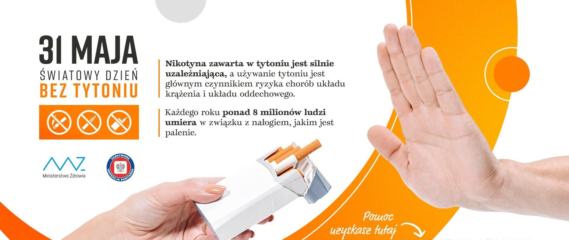 Dłoń trzymająca paczkę papierosów i dłoń odmawiająca przyjęcia papierosa. 