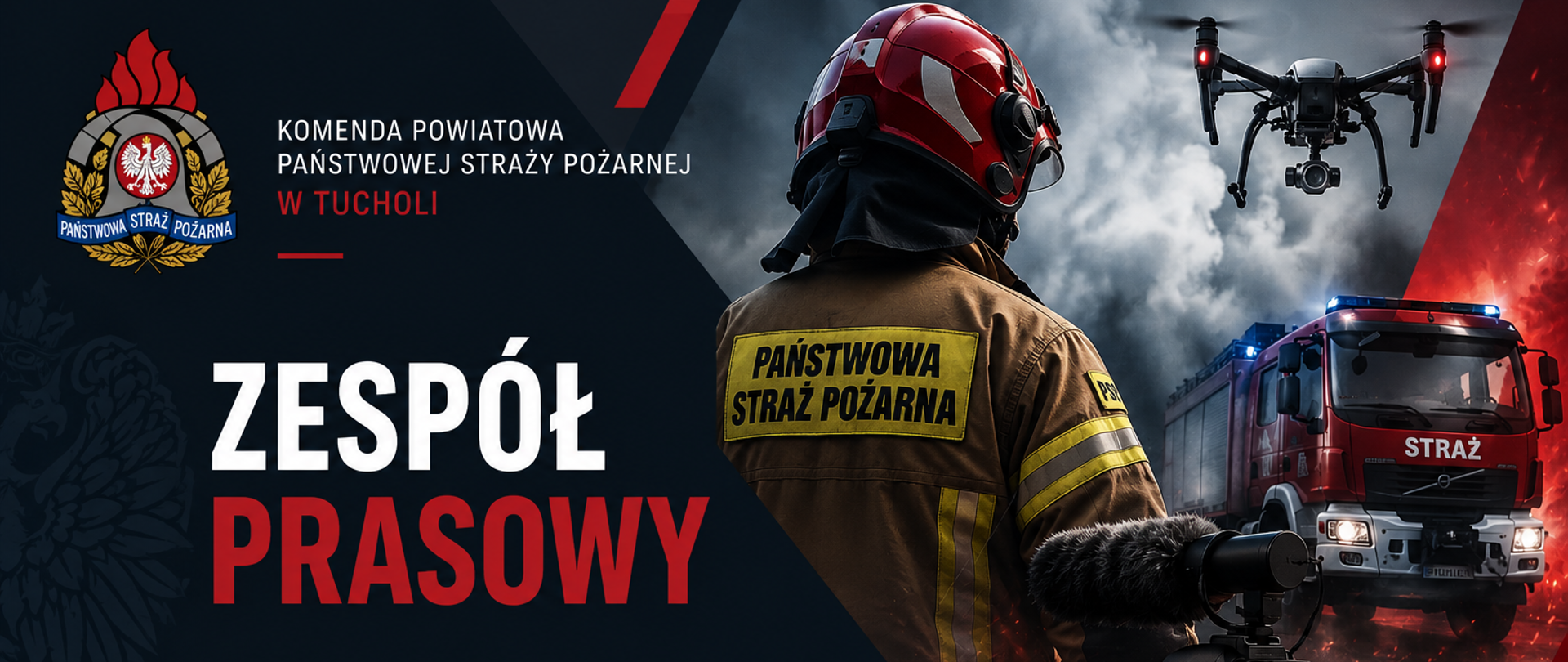 Na zdjęciu strażak PSP odwrócony w kierunku samochodu i drona