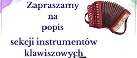 Plakat promujący popis sekcji instrumentów klawiszowych klas II i III OSM oraz SM I stopnia w ramach obchodów 80-lecia Zespołu Szkół Muzycznych im. Stanisława Moniuszki w Wałbrzychu. Grafikę tworzą rysunki fortepianu, akordeonu, fragmentu klawiatury oraz nut na kolorowym tle akwarelowym. Wydarzenie odbędzie się 19 listopada 2025 r. o godz. 16:30 w auli szkoły przy ul. Piętnastolecia 24. Plakat zawiera dekoracyjne obramowanie i logo jubileuszowe szkoły.