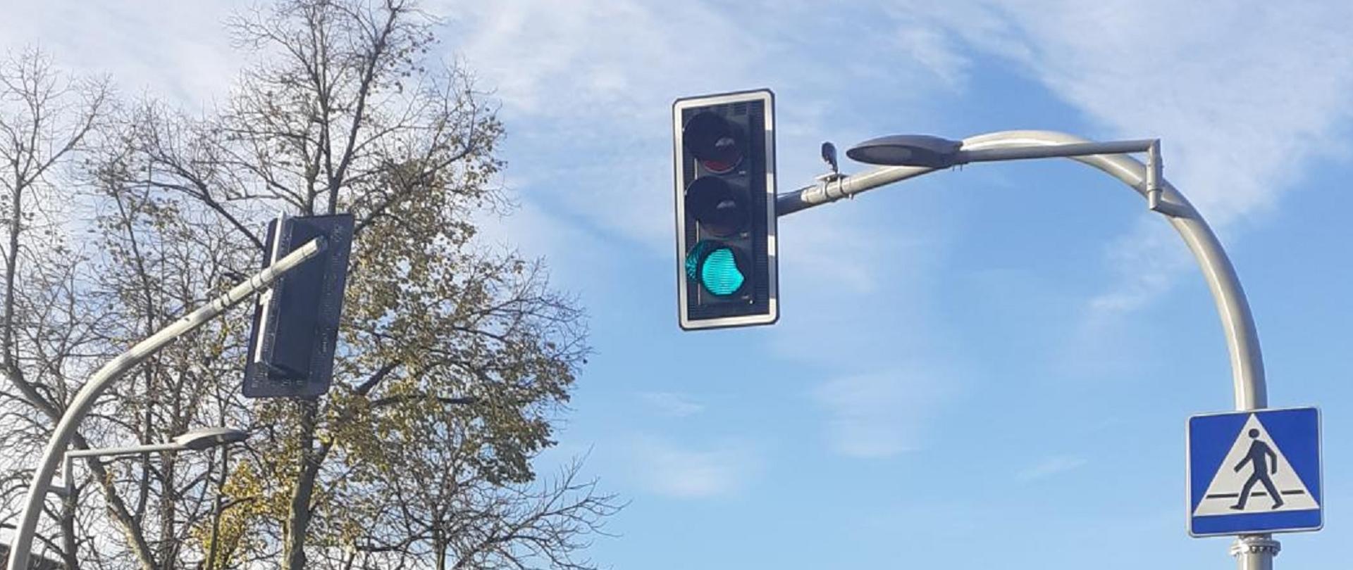 Z prawej strony widoczny znak - przejście dla pieszych. Na środku widoczny sygnalizator z zielonym światłem. Z lewej strony widoczne korony drzew oraz tył sygnalizatora. 