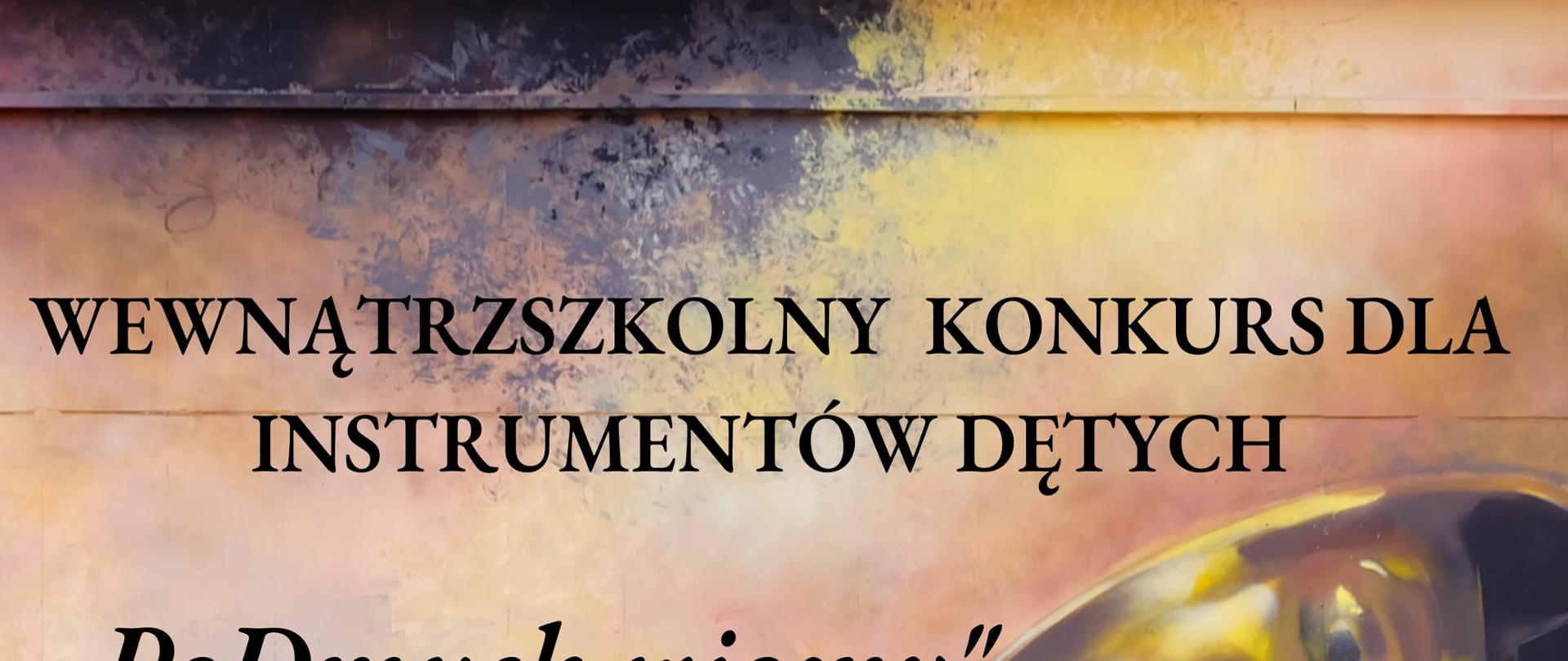 Plakat różnobarwne tło z saksofonem w tle, wewnątrzszkolny konkurs dla instrumentów dętych pt. " PoDmuch wiosny", który odbędzie się 24 maja 2022 godzina 17:00 - Sala kameralna PSM