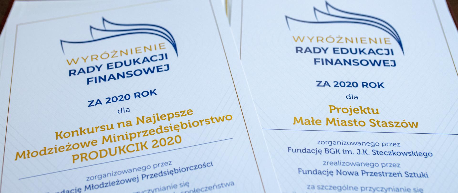 Dwa dyplomy wyróżniające Rady Edukacji Finansowej za 2020 rok