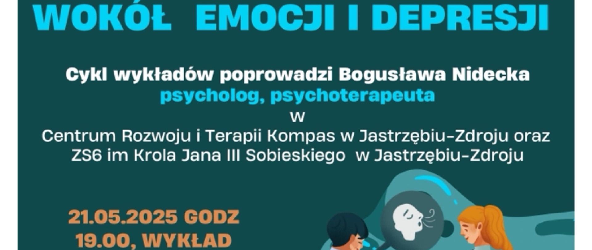 Plakat informacyjny dotyczący warsztatów Wokół Emocji i depresji odbywającego się w dniu 23.05.2025 o godz. 18.00.