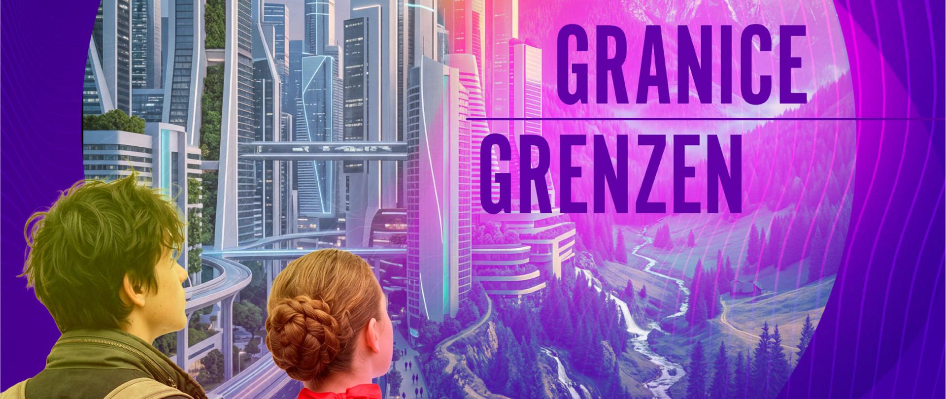 Plakat zapowiadający musical zatytułowany „GRANICE / GRENZEN” ma jasną, nowoczesną kompozycję z fioletowymi akcentami. Centralnym punktem jest grafika przedstawiająca dwie sylwetki młodzieży – chłopaka z plecakiem i dziewczynę w tradycyjnym, wyszywanym stroju góralskim – patrzące w stronę okna, przez które widać futurystyczne miasto z wieżowcami po lewej stronie oraz malowniczy, górski krajobraz z chatami i Giewontem po prawej. Ta dwoistość, połączona z dwujęzycznym tytułem, sugeruje temat przekraczania barier kulturowych, łączenia tradycji z nowoczesnością i współpracy polsko-niemieckiej.
U dołu plakatu znajdują się szczegóły dotyczące prezentacji finałowej. Wyraźnie widać datę 17 LIPCA ’26, piątek, godzinę 18:00 oraz miejsce: Sala Koncertowa Państwowej Szkoły Muzycznej I i II stopnia im. Fryderyka Chopina w Nowym Targu. Plakat zawiera również logotypy partnerów projektu, w tym Małopolskę, Jeunesses Musicales Deutschland, Polsko-Niemiecką Współpracę Młodzieży i Wolny Kraj Turyngia. Styl graficzny jest czytelny, z dużym, białym napisem „MUSICAL” u dołu.