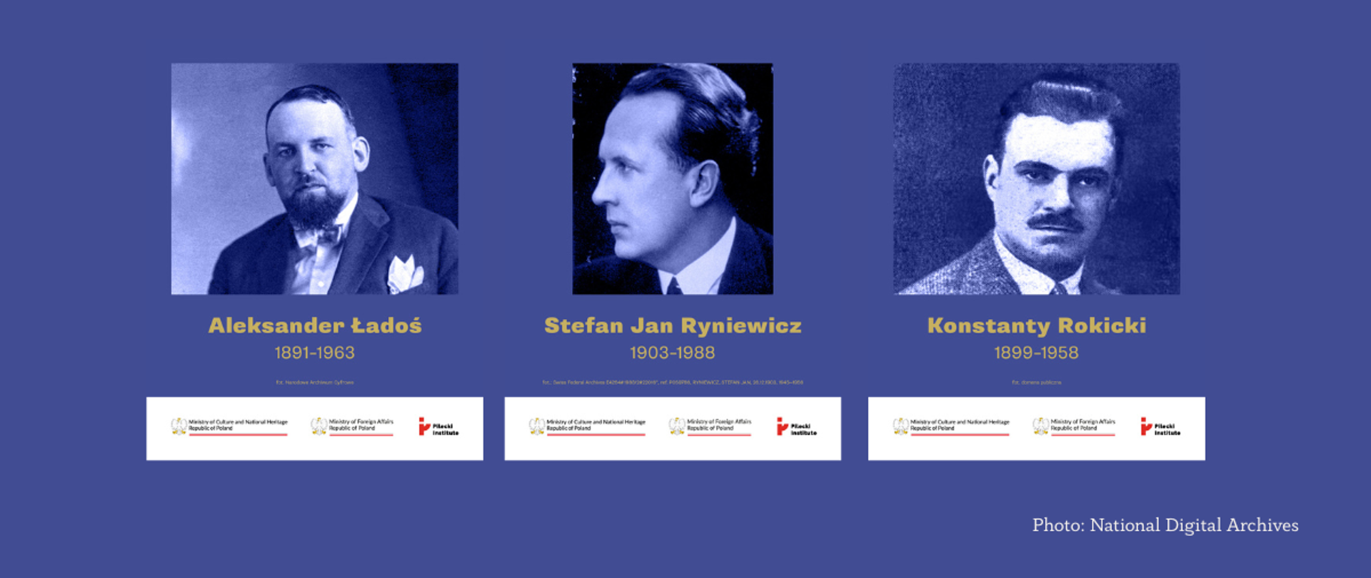 On a blue background, portraits of three members of the Ładoś Group: A. Lados, S. Ryniewicz, K. Rokicki