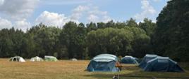 Ten obraz przenosi nas do spokojnego, letniego popołudnia na skraju rozległej łąki. To miejsce, w którym harcerze rozbili swój obóz.
Pierwszy plan (Blisko nas): Po lewej stronie widać fragment drewnianego pomostu lub kładki. Deski są lekko wytarte, co sugeruje częste używanie. Po prawej, wyznaczona niskim metalowym ogrodzeniem lub ramą, znajduje się przestrzeń z kilkoma zabetonowanymi słupkami, być może miejsce na ognisko lub przyszłą konstrukcję. W centralnej części obrazu, na trawie, wznosi się duży, niebiesko-zielony namiot rodzinny o kopułowym kształcie. Jest stabilny i przestronny. Obok niego, na metalowym stojaku, umieszczono małą, rudą rzeźbę – maskotkę lub totem obozu.
Środek obrazu: Dalsza część łąki jest porośnięta suchą, żółto-zieloną trawą. Po lewej stronie w głębi stoi kilka innych namiotów: dwa mniejsze, szaro-białe, i jeden średni, zielony. Wszystkie są schludnie rozstawione. Całe tło zamyka gęsta, ciemnozielona ściana lasu mieszanego, z przewagą sosen i brzóz.
Tło: Nad lasem rozpościera się jasnobłękitne niebo, usiane licznymi, puszystymi białymi chmurami cumulus. Słońce mocno świeci, co widać po jasnych plamach na trawie i chmurach.
Atmosfera: Obraz jest pełen spokoju, ciepła i oczekiwania na przygodę. To cicha, naturalna sceneria, idealna do nauki o bezpieczeństwie w plenerze.