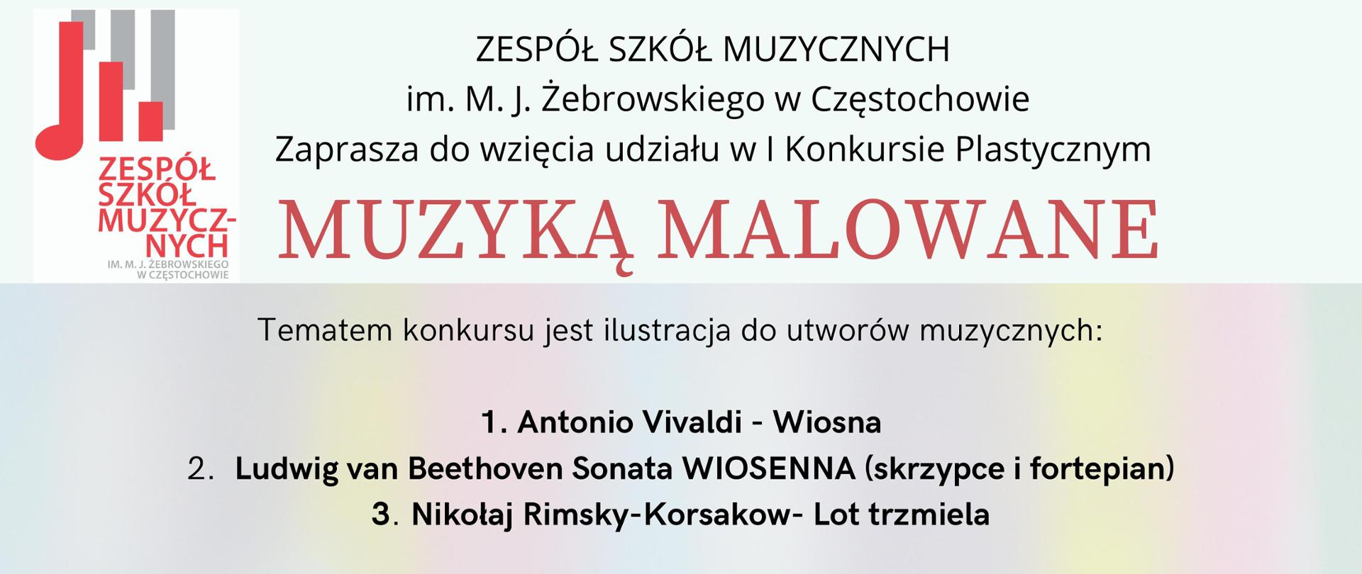 Po lewej na górze logo szkoły, w tle namalowane pędzle, informacje dotyczące I Konkursu Plastycznego