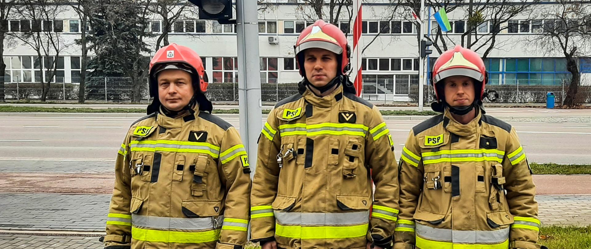 Zdjęcie przedstawia strażaków w ubraniach specjalnych po podniesieniu flagi państwowej na maszt