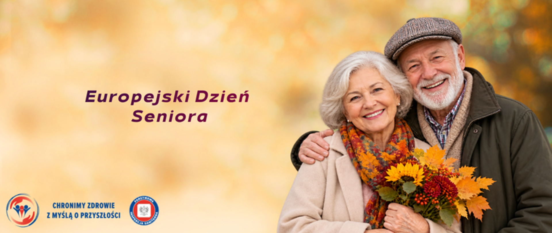 Po prawej stronie uśmiechnięta para seniorów w jesiennych ubraniach. Kobieta trzyma bukiet słoneczników i kolorowych liści, a mężczyzna obejmuje ją ramieniem. Po lewej stronie widnieje napis „Europejski Dzień Seniora”, a w dolnym rogu logo Państwowej Inspekcji Sanitarnej wraz z hasłem: Chronimy zdrowie z myślą o przyszłości. Tło grafiki utrzymane jest w ciepłych, jesiennych barwach.