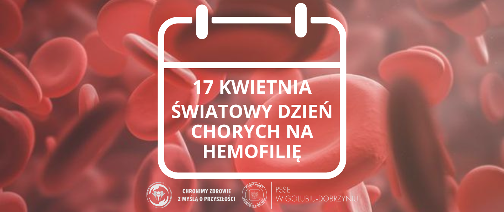 Na tle obrazującym czerwone krwinki widnieje biały napis: "17 kwietnia - Światowy Dzień Chorych na Hemofilię" oraz logo PSSE w Golubiu-Dobrzyniu wraz z symbolem Państwowej Inspekcji Sanitarnej i hasłem: "Chronimy zdrowie z myślą o przyszłości".