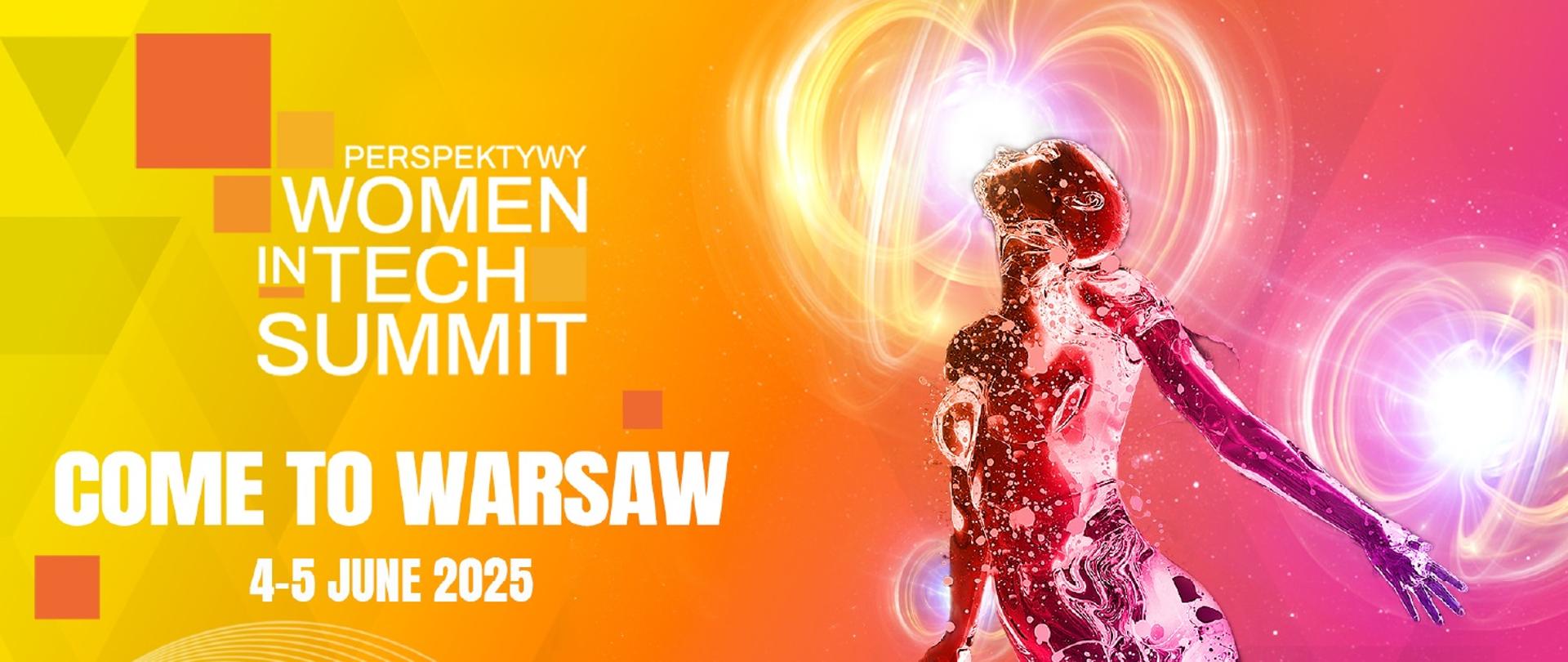 Grafika - na żółto-pomarańczowym tlwe stylizowana czerwona sylwetka i napis Women in Tech Summit 2025 - come to Warsaw 4-5 June 2025.