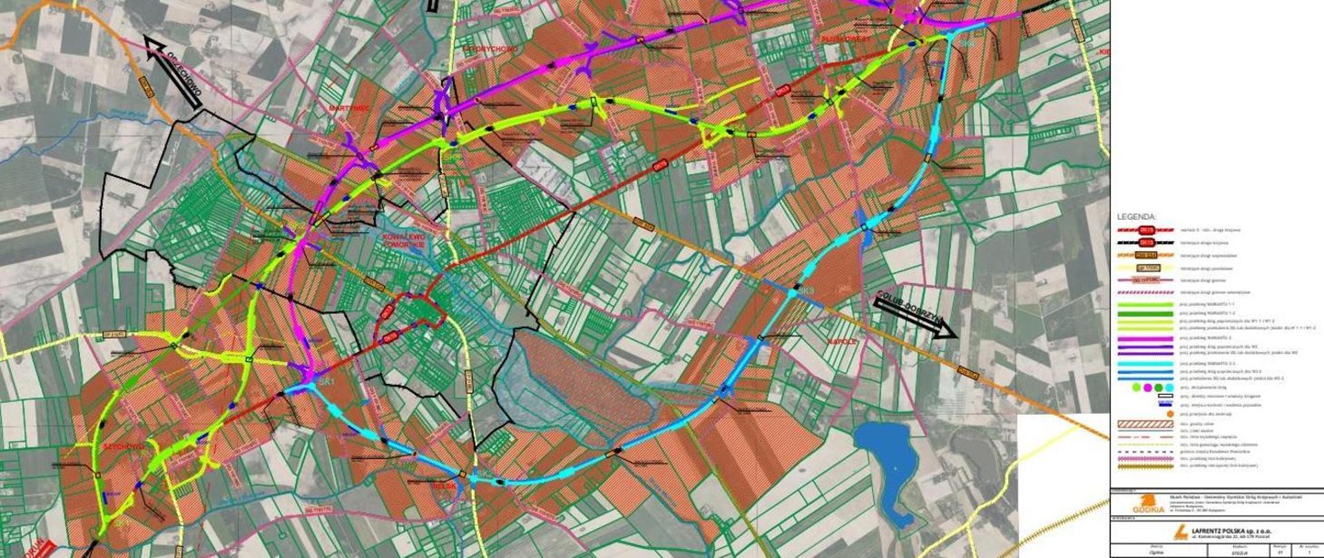 DK15 warianty obwodnicy Kowalewa Pomorskiego. Preferowany wariant 3-2 (jasnoniebieski)