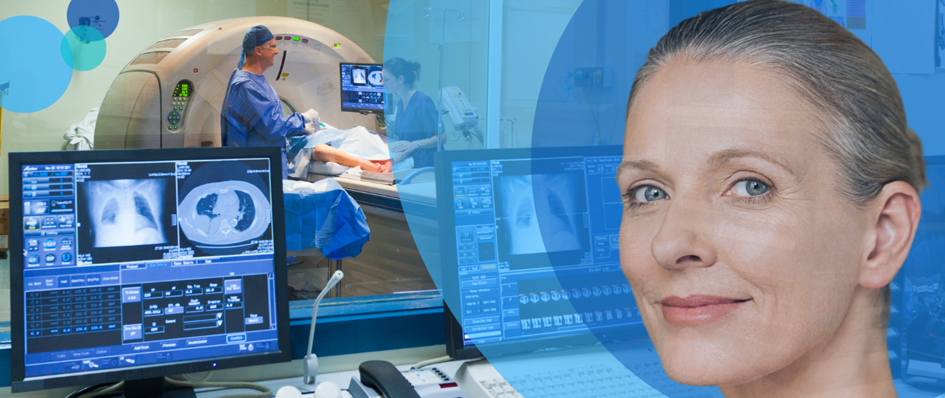 Ilustracja przedstawia zdjęcie uśmiechającej się lekko kobiety na tle fotografii gabinetu rezonansu magnetycznego.