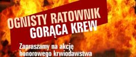 Strażak PSP w ubraniu specjalnym, hełmie oraz aparacie powietrznym. W tle płomienie i napis ognisty ratownik gorąca krew zapraszamy na akcję honorowego krwiodawstwa.