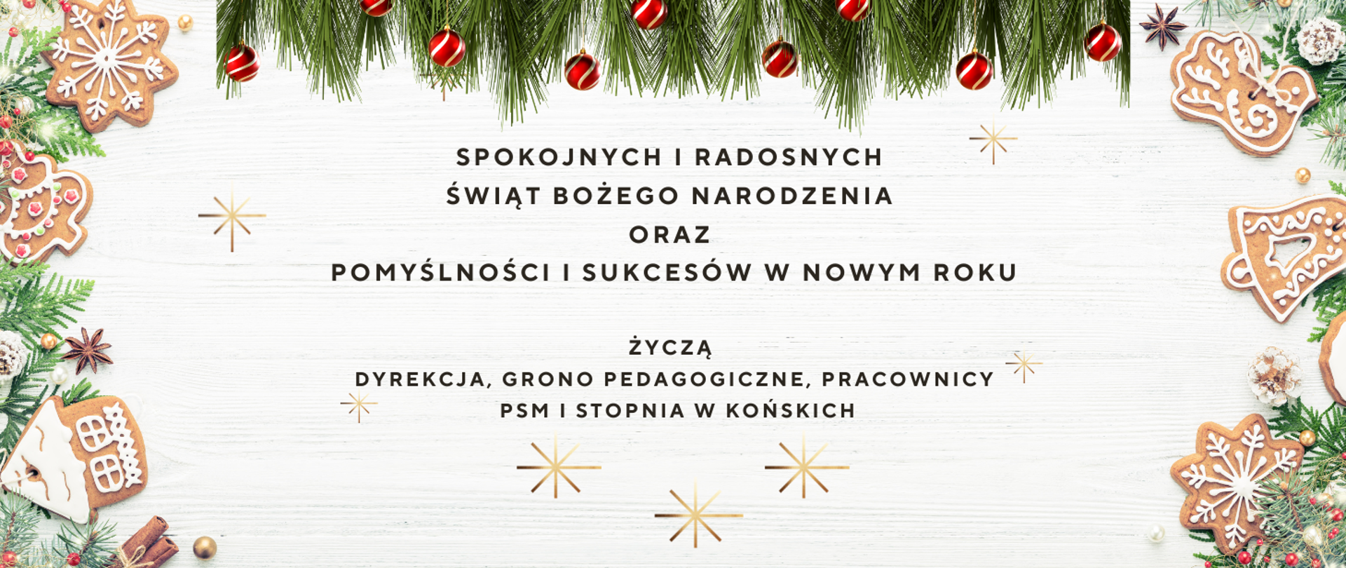 baner świąteczny, od góry gałązki świąteczne z czerwonymi bombkami, po bokach pierniczki świąteczne, po środku życzenia świąteczne