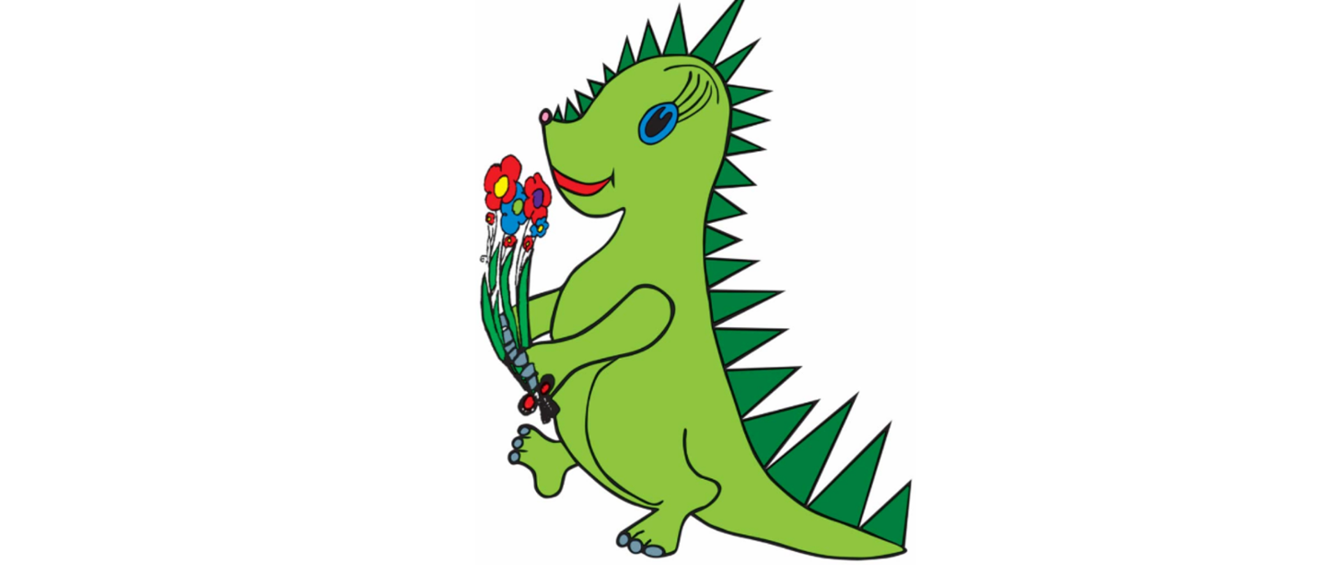Zielony dinozaur trzyma bukiet kwiatów