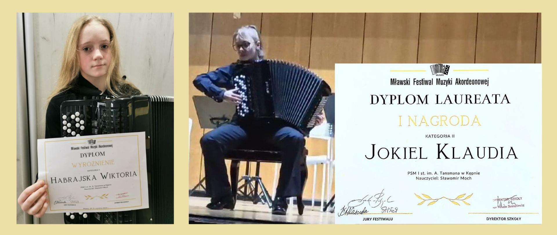 Projekt na tle w kolorze bananowym (jasnożółtym). Po lewej znajduje się zdjęcie uczennicy w rozpuszczonych blond włosach i czarnej bluzce, mającej założony na sobie akordeon i trzymającej dyplom. Po prawej znajduje się zdjęcie uczennicy grającej na akordeonie. W prawym dolnym rogu wstawiony jest jej dyplom. 