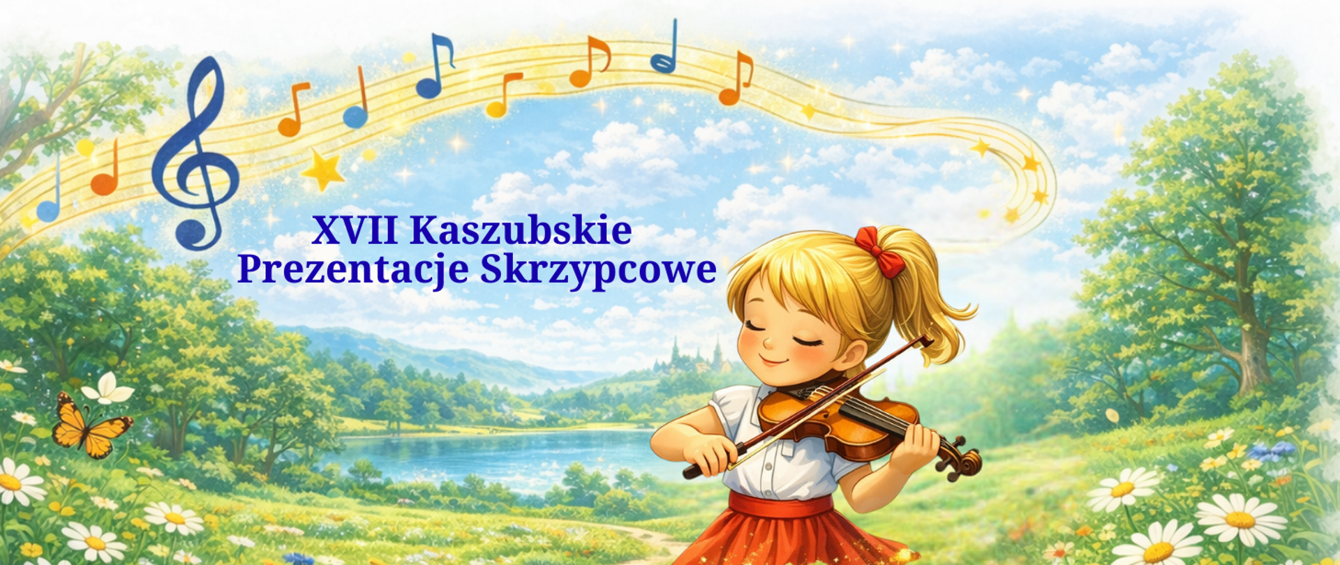 Ilustracja przedstawia uśmiechniętą dziewczynkę grającą na skrzypcach na kwiecistej łące. Dziewczynka ma jasne włosy związane w kucyk z czerwoną kokardą, ubrana jest w białą bluzkę i czerwoną spódnicę. W tle widoczny jest zielony krajobraz z drzewami, jeziorem i wzgórzami, a nad sceną unoszą się kolorowe nuty na pięciolinii, symbolizujące muzykę i radość grania. Na błękitnych chmurkach nieba niebieski napis: "XVII Kaszubskie Prezentacje Skrzypcowe"