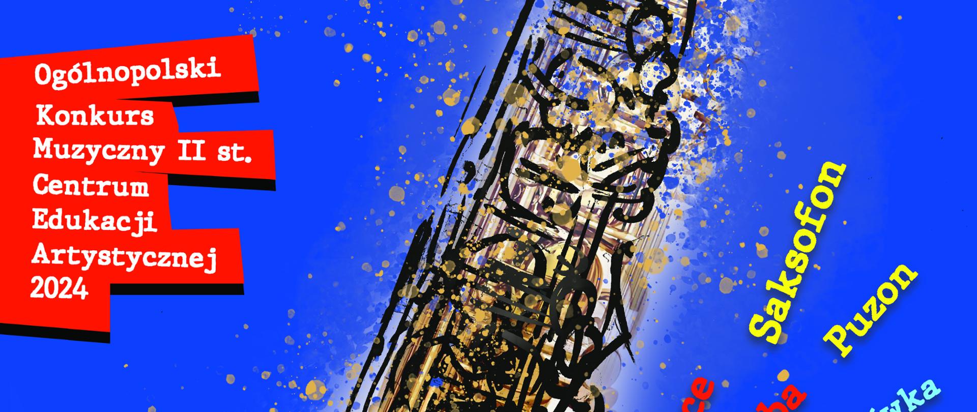 Plakat na niebieskim tle z ikonografią saksofonu 