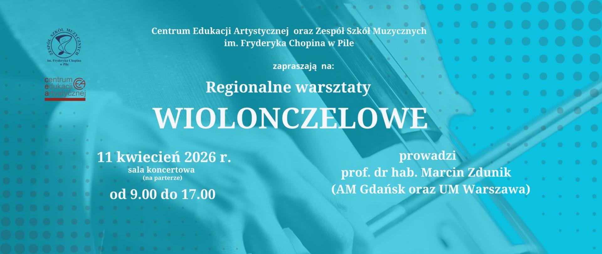 Na turkusowym tle, białe napisy w prawym górnym i lewym dolnym narożniku szare kropki. Na całości widać dłonie na instrumencie i smyczek.