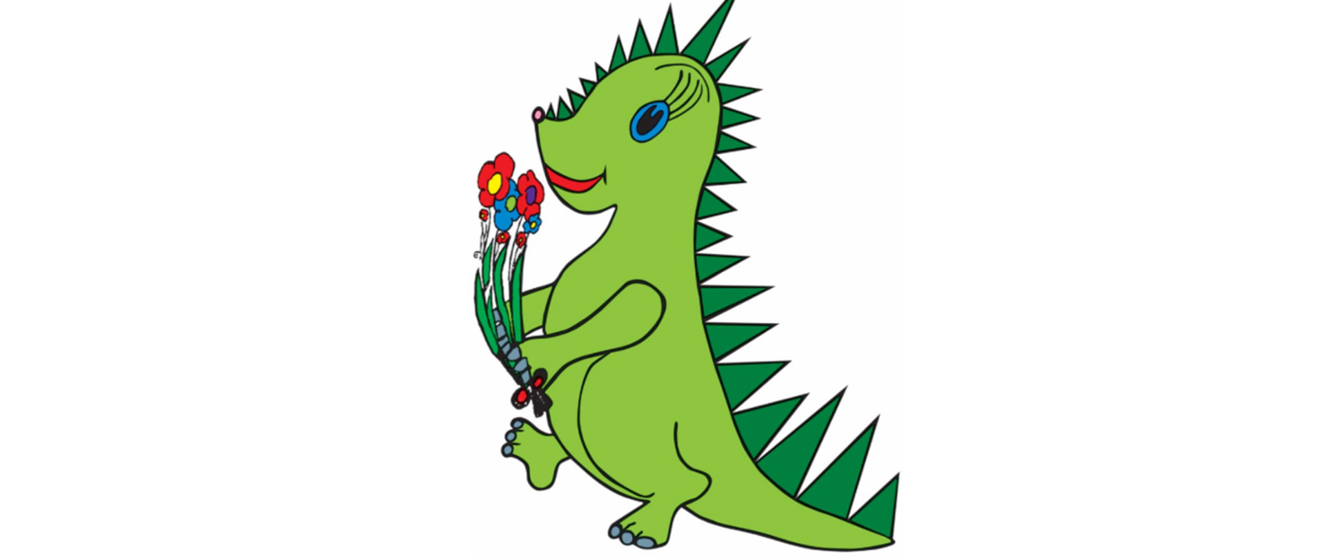 Logo Przedszkolnego Program Edukacji Antynikotynowej pt. „Czyste powietrze wokół nas”, grafika dziecięca, zielony dinozaur trzymający kolorowe kwiaty.