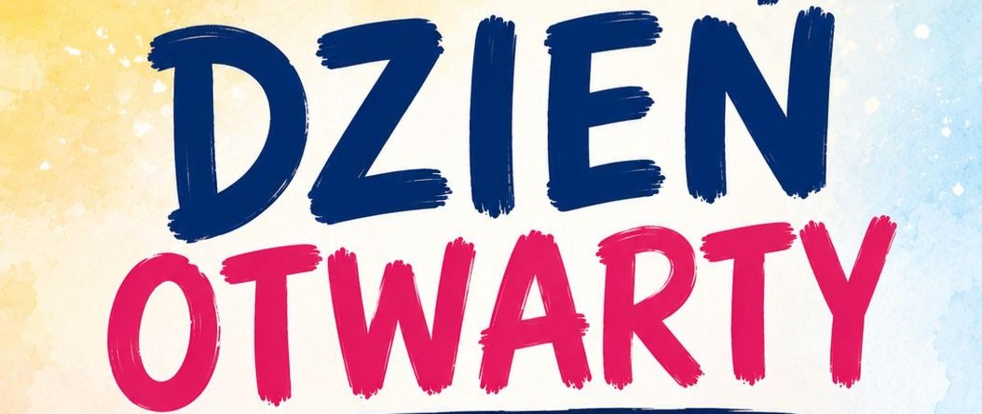Plakat promujący Dzień Otwarty szkoły, który odbędzie się 14 maja 2026 roku w godzinach 16:30–18:30. Utrzymany jest w pastelowej żółto-różowo-niebieskiej kolorystyce z delikatnym gradientem przypominającym chmurki. W górnej części znajduje się wyrazisty tytuł wykonany w odcieniach granatu i malinowego różu. Poniżej, w przejrzystej formie punktów, zaprezentowano atrakcje i wydarzenia przygotowane dla odwiedzających.