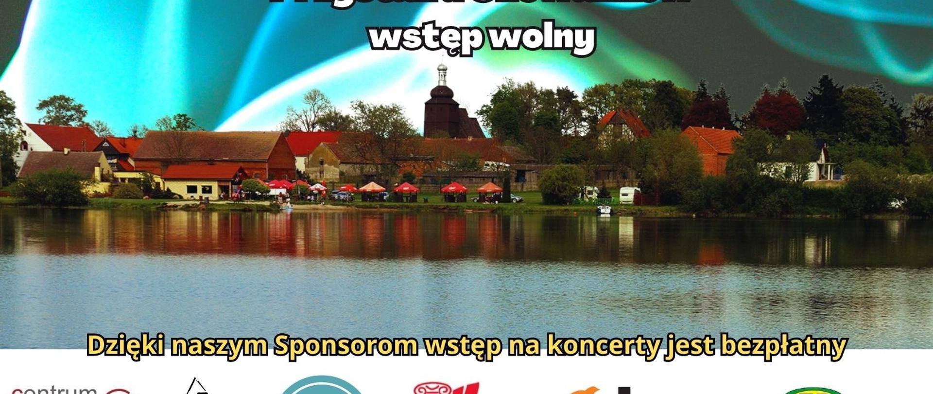 Plakat z wpisem I Międzynarodowy Wakacyjny kurs Big Bandów 27.06.2023 Jam session godz. 19:00 Michalice Przystań u Chowanków wstęp wolny. Na plakacie widać zalew oraz zabudowania. W dolnej części wpis „dzięki naszym sponsorom wstęp na koncerty jest bezpłatny” oraz logotypy sponsorów.