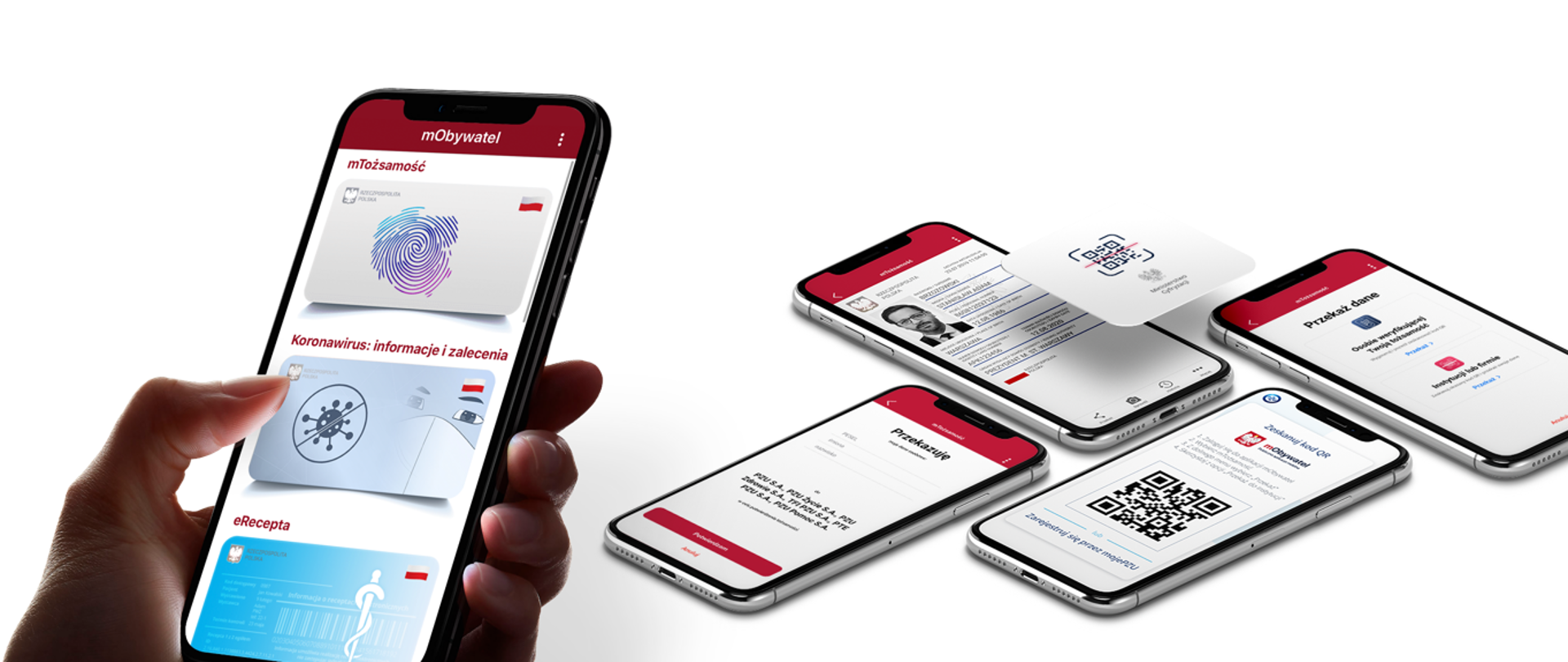 Dłoń ze smartfonem, na którym wyświetla się aplikacja mObywatel. Obok cztery leżące smartfony, na których wyświetlają się ekrany aplikacji - nad nimi symbol kodu QR.