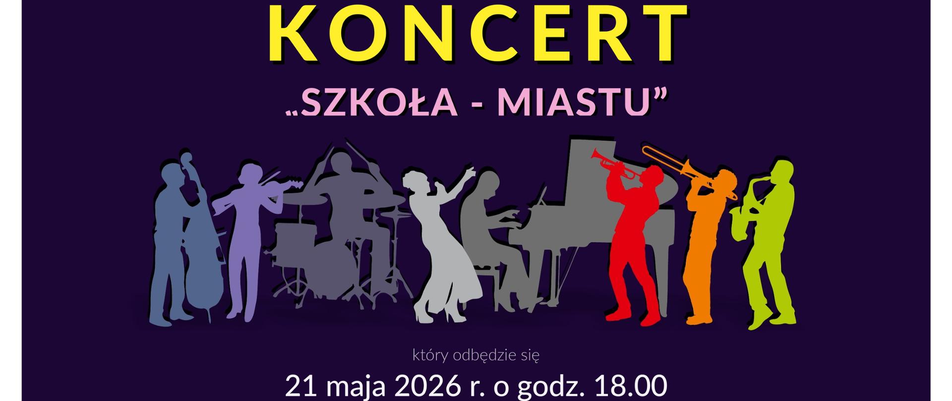 Grafika przedstawia kolorowe postacie z instrumentami, białe napisy na granatowym tle, żółty napis koncert.