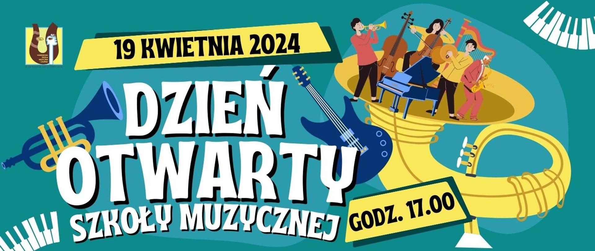białe napisy na zielonym tle z żółtymi elementami ozdobnymi i niebieskimi instrumentami, z logo szkoły z lewej strony u góry