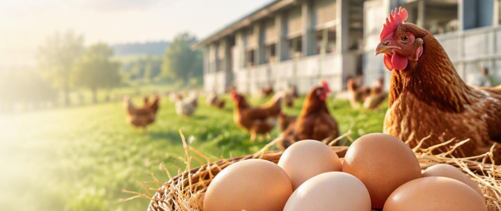 Na pierwszym planie jajka w koszyku, na drugim planie kury chodzące po trawie, w tle budynek.