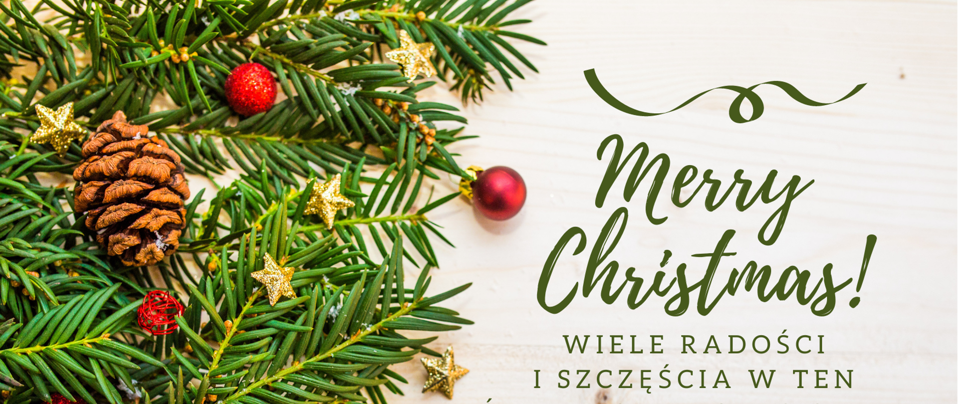 Plakat przedstawia życzenia świąteczne. Na jasnym tle po prawo zielona wstążeczka poniżej zielony napis Merry Christmas. Poniżej zieloną czcionką życzenia świąteczne: Wiele radości i szczęścia w ten świąteczny czas oraz wszelkiego dobra w nowym roku dla całej społeczności szkolnej życzy dyrektor szkoły Joanna Makijonko.
Po lewo zielone gałązki świerku z czerwonymi bombeczkami, złotymi gwiazdkami i szyszkami.
