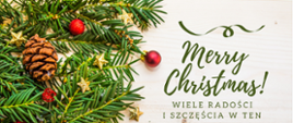 Na jasnym tle po lewo zielone gałązki świerku z ozdobami świątecznymi: czerwone bombki, złote gwiazdki. Po prawo zielone litery i napis Merry Christmas i poniżej początek życzeń-Wielu radości i szczęścia w ten..