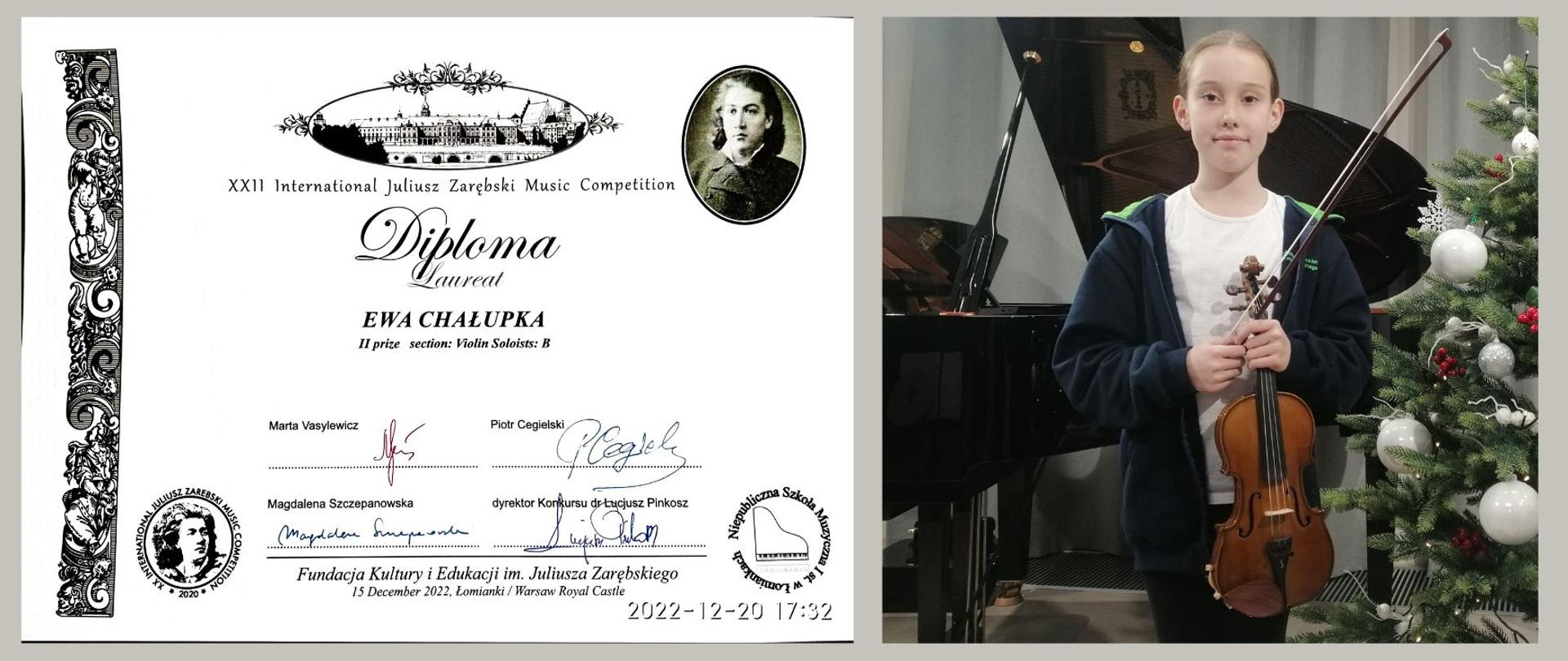 Projekt na beżowym tle zawierający po lewej stronie dyplom a po prawej zdjęcie. Dyplom jest biało czarny i ma układ poziomy. Na białym tle wzdłuż lewego boku wstawiony jest ornament. Od góry na środku w owalu (poziomo) wstawiony jest rysunek Zamku Królewskiego w Warszawie. Poniżej znajdują się informacje: nazwa konkursu, napis dyplom, imię i nazwisko uczennicy, zdobyte osiągnięcie, jurorzy. W lewym dolnym rogu znajduje się logo konkursu, a w prawym logo Niepublicznej Szkoły Muzycznej I stopnia w Łomiankach. Na dole znajduje się napis: Fundacja Kultury i Edukacji im. Juliusza Zarębskiego oraz data konkursu i miejsce. 