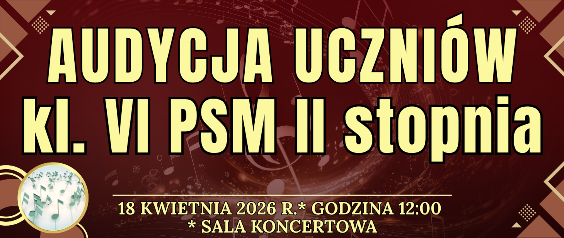 baner w tle wirująca nuta muzyczna trójkątne kolorowe narożniki i oraz informacja o wydarzeniu 