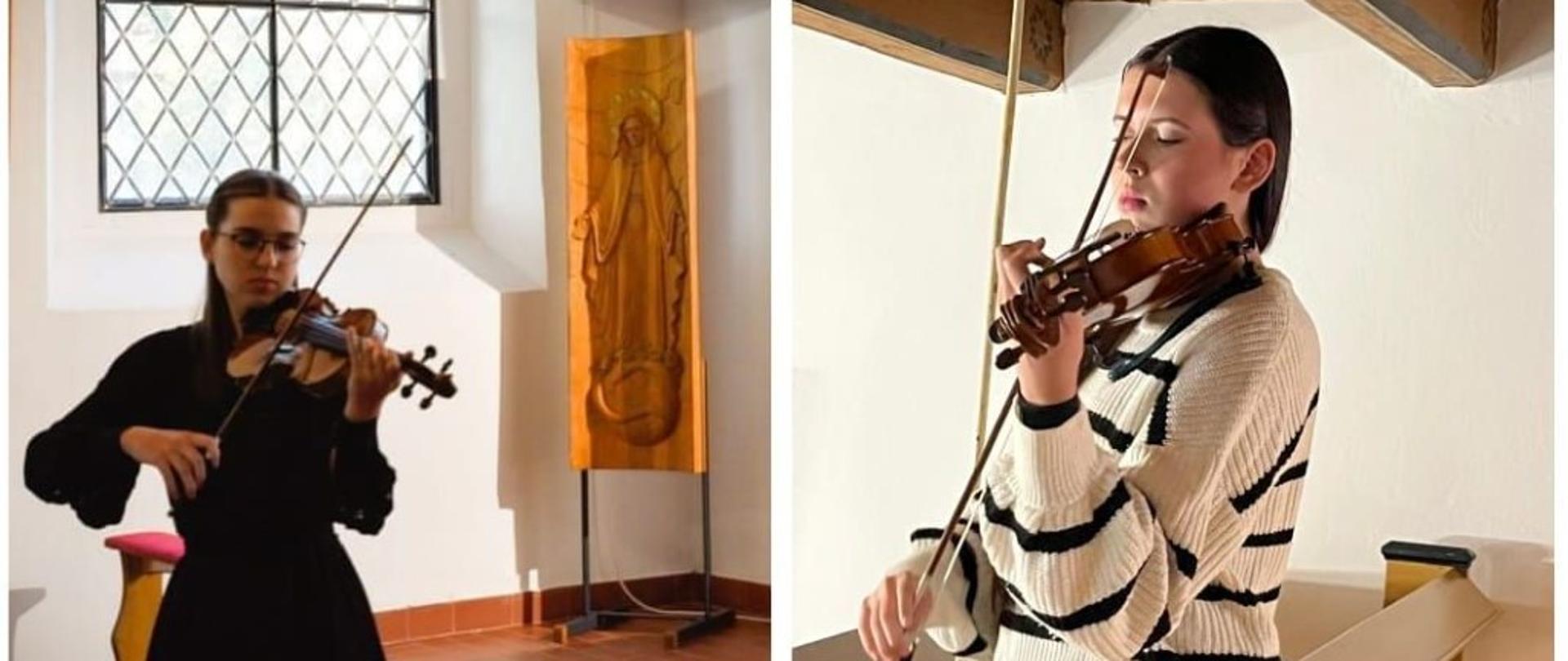 Zdjęcie kolorowe: Kolaż złożony z dwóch pionowych ujęć; po lewej stronie osoba grająca na skrzypcach, ubrana w długą, czarną sukienkę, stojąca w pomieszczeniu kościelnym, za nią duża drewniana rzeźba i okno z metalową kratą, podłoga z drewnianych desek; po prawej stronie osoba grająca na skrzypcach, ubrana w biały sweter w czarne poziome pasy, ze spuszczonymi powiekami, (prawdopodobnie) w innej części pomieszczenia.