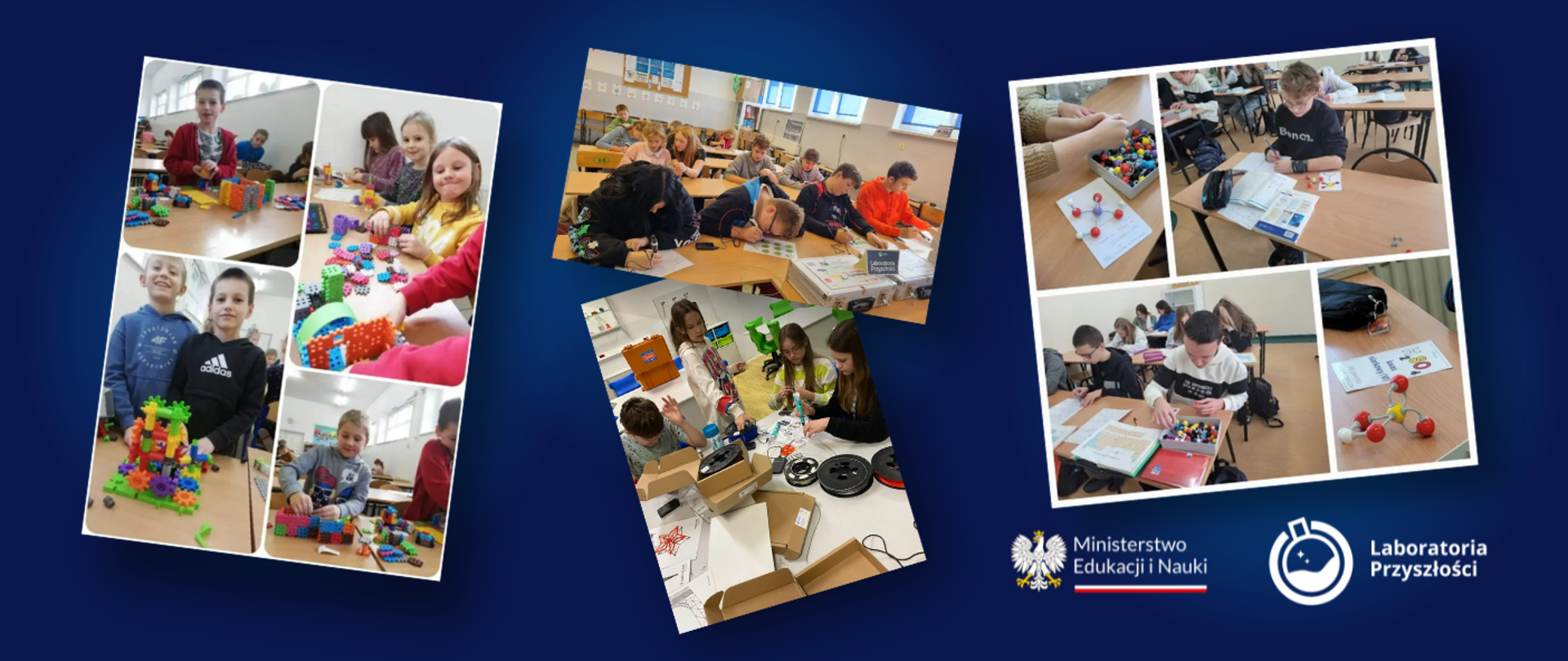 Grafika - na granatowym tle kilka kolorowych zdjęć pokazujących wesołe dzieci bawiące się różnymi przedmiotami na stołach.