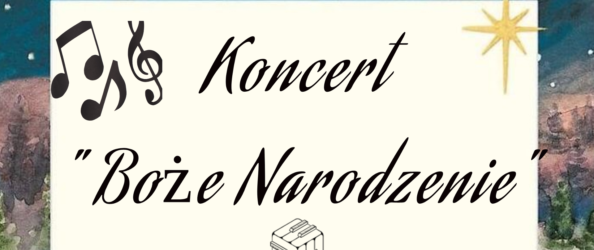 Plakat na kolorowym tle z informacją o koncercie na całej wielkości w kolorze czarnym. Na dole szopka Bożonarodzeniowa.