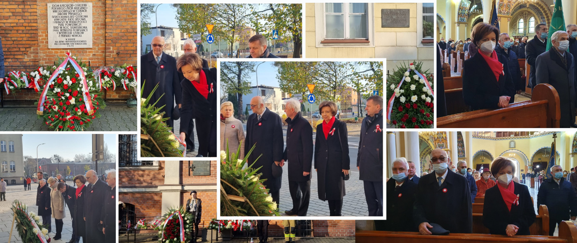Kolaż zdjęć uroczystości w Ostrowie Wielkopolskich upamiętniających 103. rocznicę odzyskania niepodległości