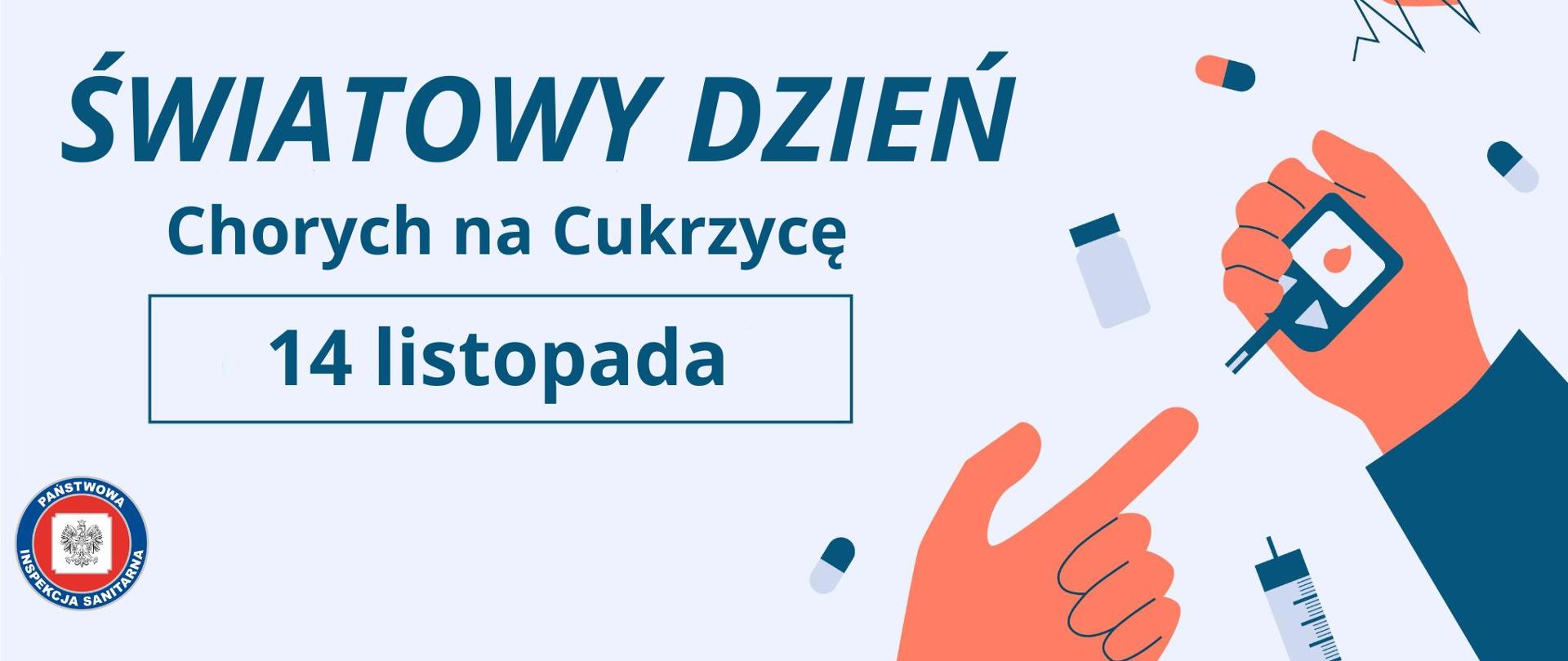 Grafika przedstawia dwie dłonie, z których jedna trzyma diabometr, w tle grafiki pigułek oraz strzykawki