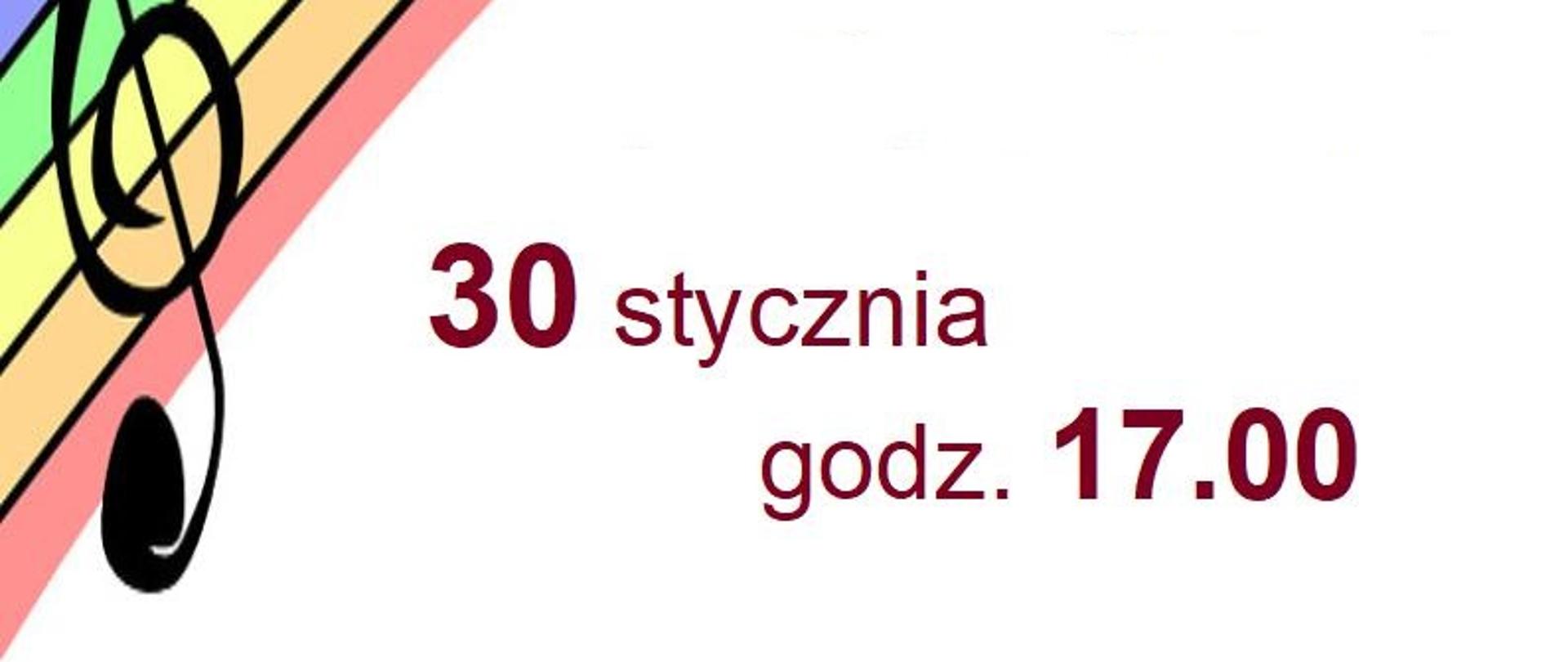 W lewej górnej części logo szkoły grafika -klucz wiolinowy i nuty
Koncert półroczny 30 stycznia godz.17.00
