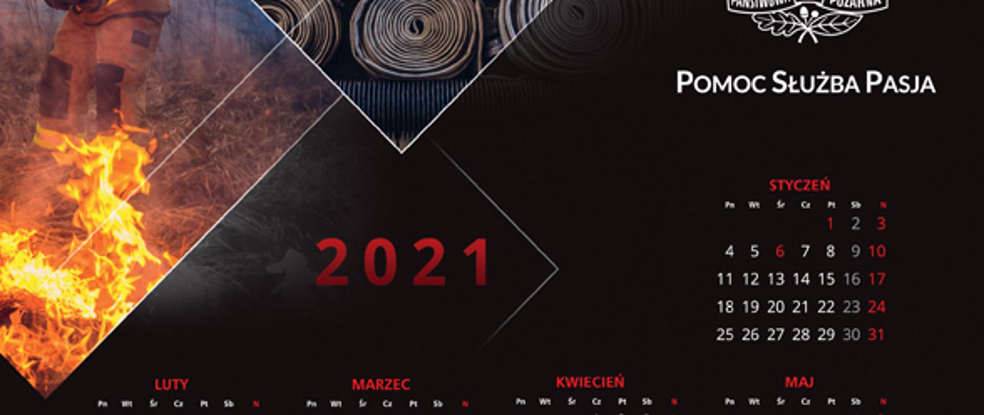 Kalendarz na rok 2021 ze logo PSP i motywem strażackim w postaci hełmów i węży pożarniczych