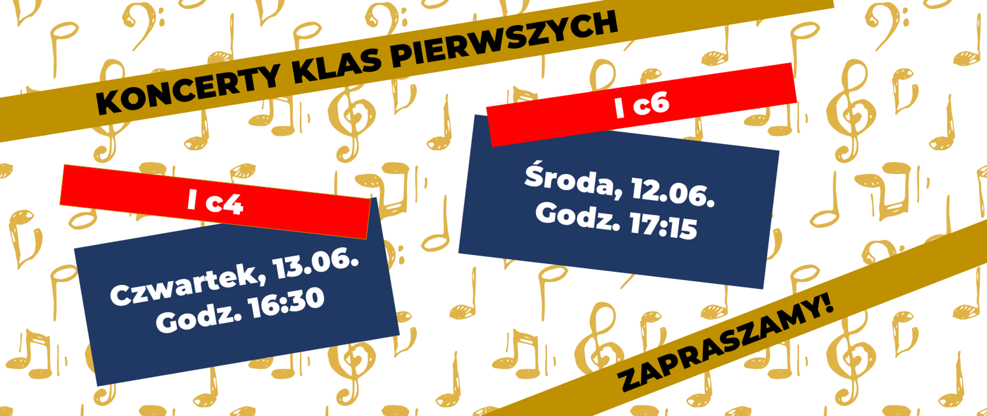Plakat na jasnobeżowym tle ze złotymi nutkami. W tle złote paski z czarnymi napisami, czerwona paski z białymi napisami i niebieskie prostokąty z białymi napisami.